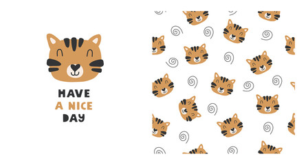 Seamless pattern with a colorful tiger head and the inscription with it on a white background. Scandinavian style. Modern vector cartoon illustration.
