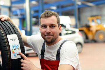 economy sticker with consumption values on a new car tyre - changing tyres in the workshop by...