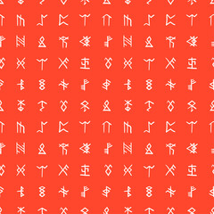 Hand drawn red seamless pattern with  runes and runic alphabet