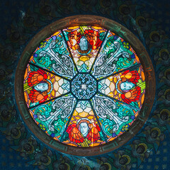 LVIV, UKRAINE - FEBRUARY 10, 2021: The Armenian Cathedral of the Assumption of Mary. The stained glass ceiling window.
