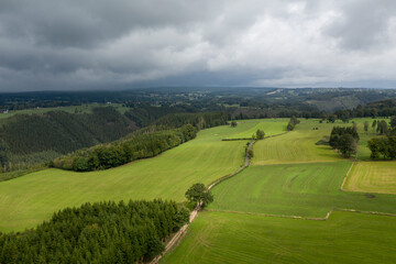 Aerial rural landscape in the Belgian Ardennes, in G'doumont (Malmedy), Belgium