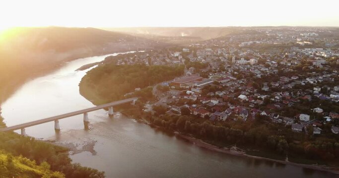 Around the town is a large winding river, a view from a quadcopter.