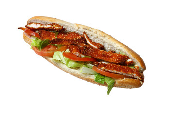 Baguette sandwich with Schnitzel on a white background