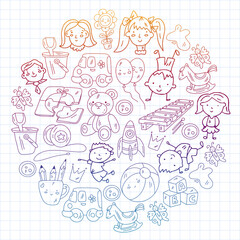 Kindergarten and toys. Little children game. Kids playground. Education, creativity, imagination.