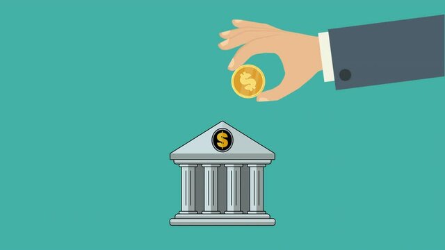 Businessman hand puts Dollar coins to bank. Dollar coins falling in bank building. Replenishment of bank with currency. Cash savings symbol. Contribution for future. Financial growth. Alpha Channel.4K