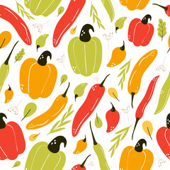 Different types of pepper, vegetable seamless pattern. Healthy food background.  Chili , bell pepper, red, orange and red pepper. Organic, fresh, delicious vegetables. Flat vector illustration. 
