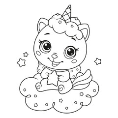 Baby cat unicorn with little star sitting on cloud. Caticorn coloring page for children