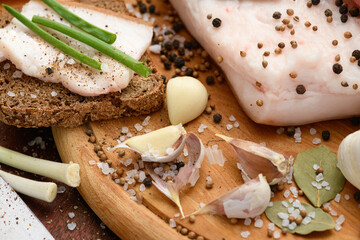 raw pork meat and lard with salt, spices and garlic on a cutting board, dark wooden background