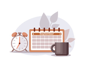 Calendar, alarm clock and mug for planning of the morning, time management