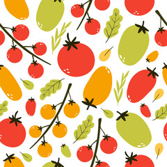 Different types of tomato, vegetable seamless pattern. Healthy food background.  Orange, red, green, cherry tomato. Organic, fresh, delicious vegetables. Flat vector illustration. 
