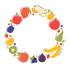 Fruits in a round frame. Cartoon style, hand drawn vector illustration. Fresh, tasty fruit circle banner with space for text. Vegan menu, healthy food. Banana, orange, mango, apple, plum, lemon..
