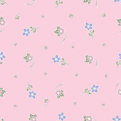 Seamless Pattern with Simple blue Flower and Leaves.Vector Illustration