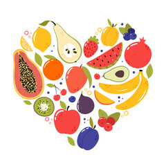 Fruits set in heart shape. Cartoon style hand drawn vector illustration. Fresh tasty fruits isolated on white. Vegan menu, healthy food, heart frame. Pear, papaya, plum, apple, avocado, kiwi, orange..