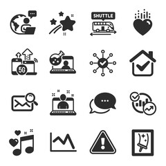 Set of Business icons, such as Online chemistry, Heart, Dots message symbols. Vector