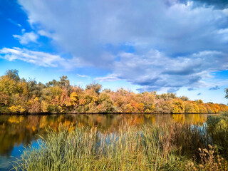 Autumn on the Riverside. Beautiful golden autumn in Dnieper estuary, Kherson, Ukraine.