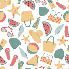 Seamless pattern with summer items for relaxing on the beach and by the pool. Vector flat illustration, hand drawn. Pattern white background. Design for printing on fabrics, textiles, packaging