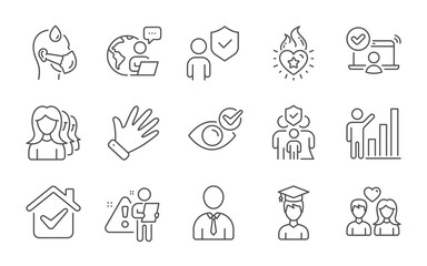 Student, Online access and Graph chart icons set. Security, Women headhunting and Family insurance signs. Vector