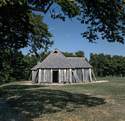 Vikinghouse Hobro Denmark. Wooden viking dwelling. Jutland.