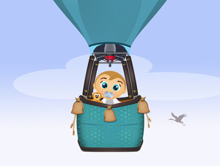 funny illustration of baby male on hot air balloon