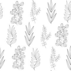 Seamless pattern of different types of field grasses and branches. Plant ornament from elements line art. Concept of ecology, environment, nature conservation. For paper, covers, fabrics. Vector