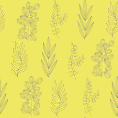 Seamless pattern of different types of field grasses and branches. Plant ornament from elements line art. Concept of ecology, environment, nature conservation. For paper, covers, fabrics. Vector