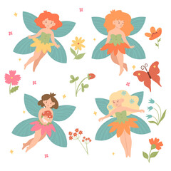 Set of cute fairies isolated on white background. Vector graphics.