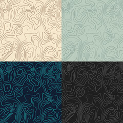 Topography patterns. Seamless elevation map tiles. Appealing isoline background. Trendy tileable patterns. Vector illustration.
