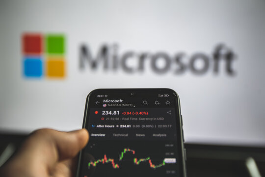 Holding mobile phone with stock market charts of Microsoft company shares