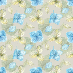 Watercolor seamless pattern with blue and white hydrangea flowers and petals illustration