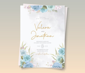 Modern wedding card with blue floral decoration