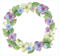 Watercolor floral wreath of petals, leaves of blue, white, purple hydrangea