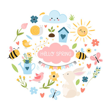 Hello Spring set with lettering, birds, bees, flowers, birdhouse, sun, bunny and other. Hand drawn, cartoon style vector illustration isolated on white. Round frame. 
