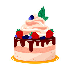 Sweet delicious mini cake. Cartoon style hand drawn vector illustration. Chocolate cake with mouse, cream strawberry, blueberry and peppermint.  For birthday cards, restaurants and bakery menu.
