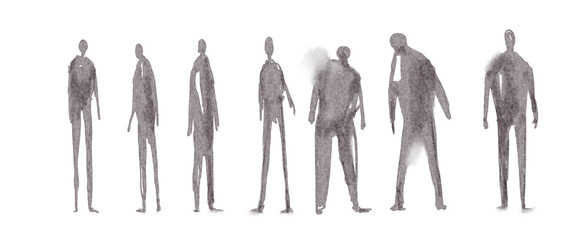 Watercolor ink architectural people sketch on white background