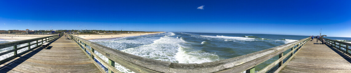 St Augustine Beach Wooden Pier on a beautiful sunny winter day - Panoramic view