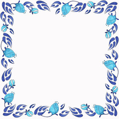 Fototapeta na wymiar Isolated frame of drawn blue buds and blue leaves in gzhel style on white background