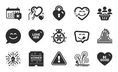 Buyers, Be good and Winner ticket icons set. Christmas ball, Love lock and Roller coaster signs. Vector