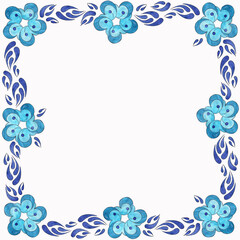 Isolated frame of drawn blue flowers and blue leaves in gzhel style on white background