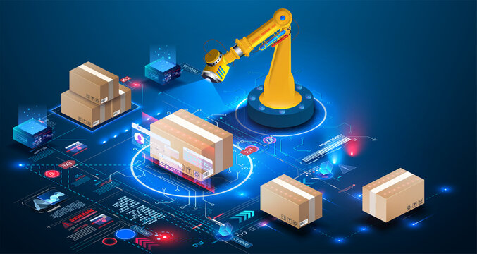 Smart Logistics Industry 4.0. Asset Warehouse And Inventory Management Supply Chain Technology Concept. 3D Robot Palletizing Systems, Robotic Arm Loading And Scan Cartons On Pallet. Auditing Of Data