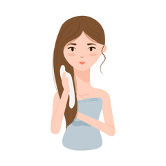 Young woman applying hair conditioner on her hair. Vector illustration isolated on white background.
