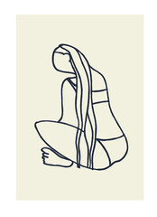 Decor printable art. Hand drawn outlined vector illustration of long-haired woman in bikini, sitting cross-legged