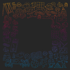 Children play with toys in the kindergarten. Kids playground. Education, creativity, imagination.