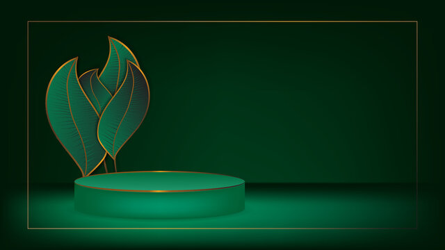 Dark green background and neon light with a podium of geometric shapes for products and leaves as a background. Vector 3d