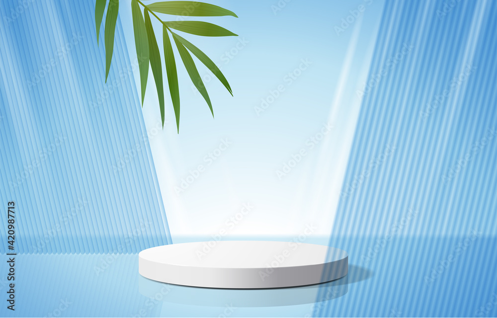 Wall mural abstract minimal scene with geometric forms. cylinder podium in blue background with leaves. product