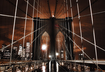 The Brooklyn bridge from a nice perspective by night, New Yok, United States of America