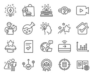 Education icons set. Included icon as Inspiration, Calculator target, Video camera signs. Vector