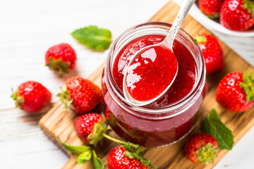 Strawberry jam in the glass jar