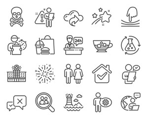 Line icons set. Included icon as Hospital building, Reception desk, Cold coffee signs. Vector