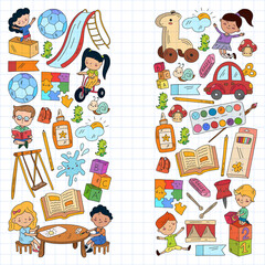 Children play with toys in the kindergarten. Kids playground. Education, creativity, imagination.