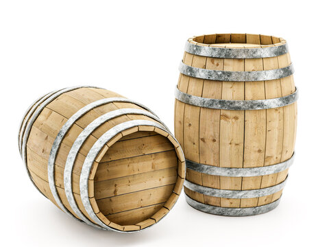 Two wooden barrels on white